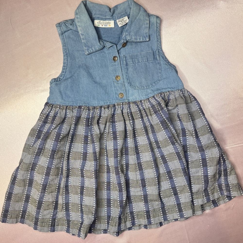 Vintage 90s Specialty Kids blue Jean Cottage Country Dress Sz M (5)